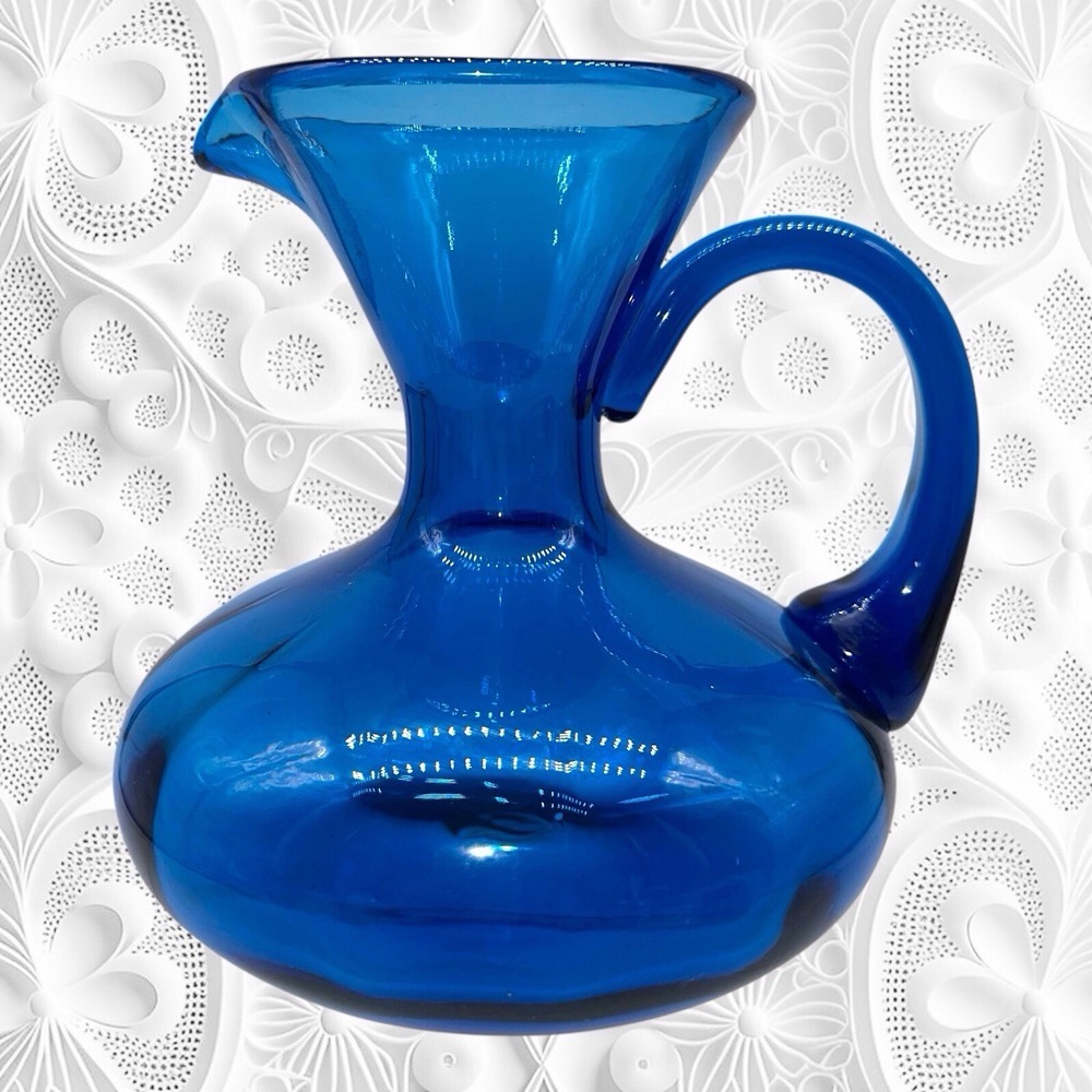 Vintage Rainbow Art Glass Co 1950s Hand Blown Pitcher Vase Optic Blue MCM 5.5" - Picture 9 of 9